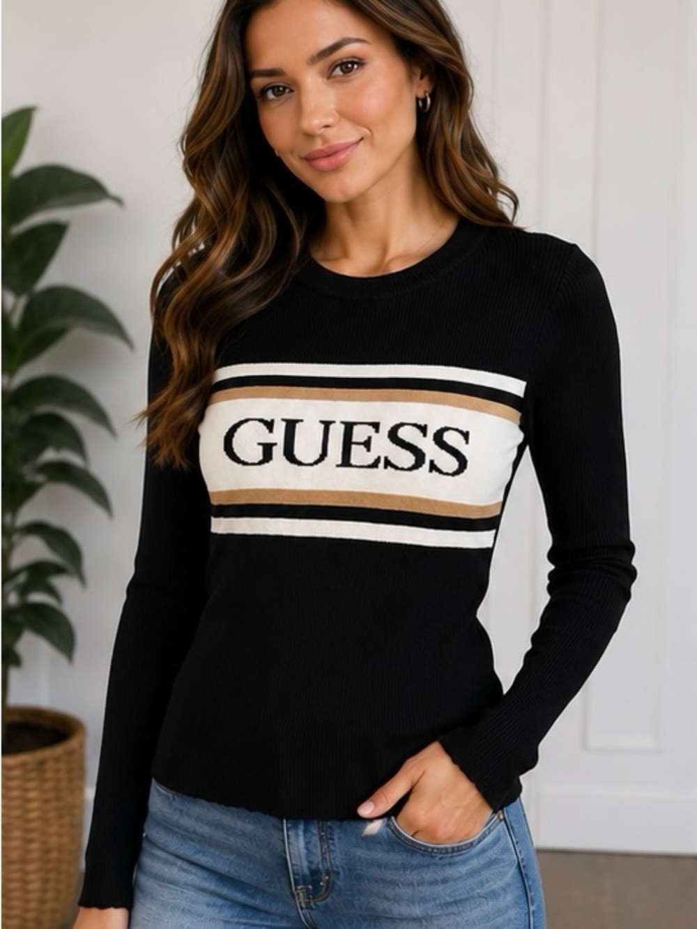 GUESS Logo Rib Knit Sweater Black Tan Cream NWT Size Small Classic Chic